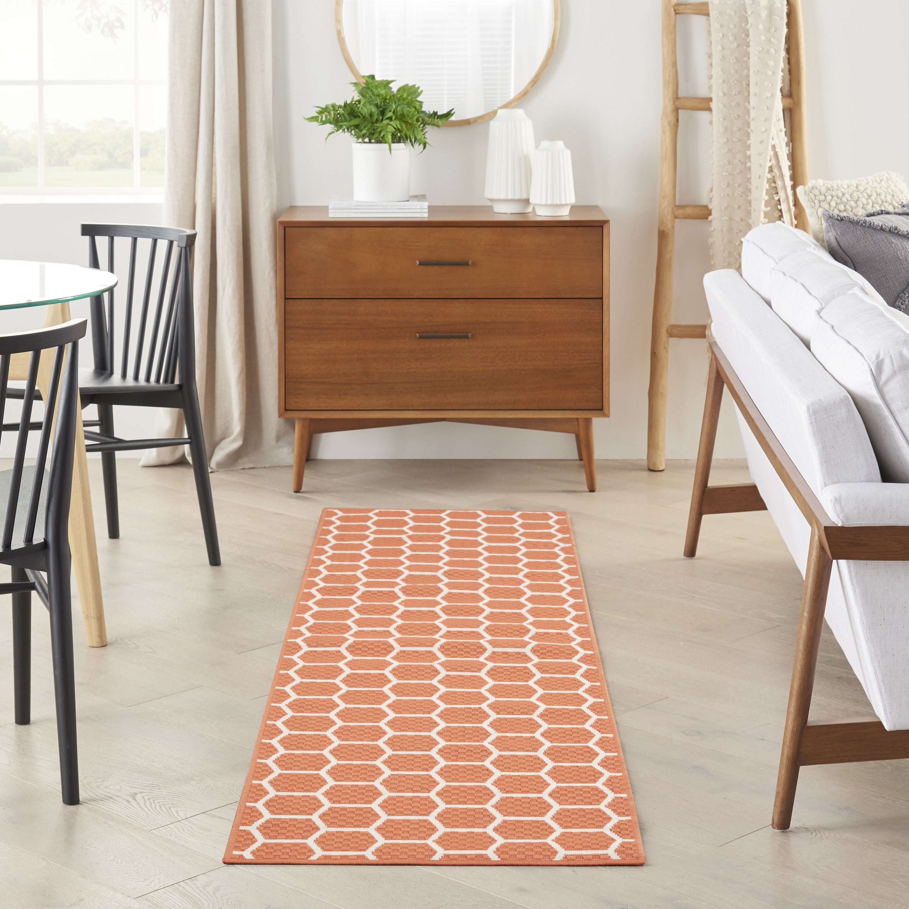 8' Coral And Ivory Geometric Indoor Outdoor Runner Rug Homeroots Outdoor
