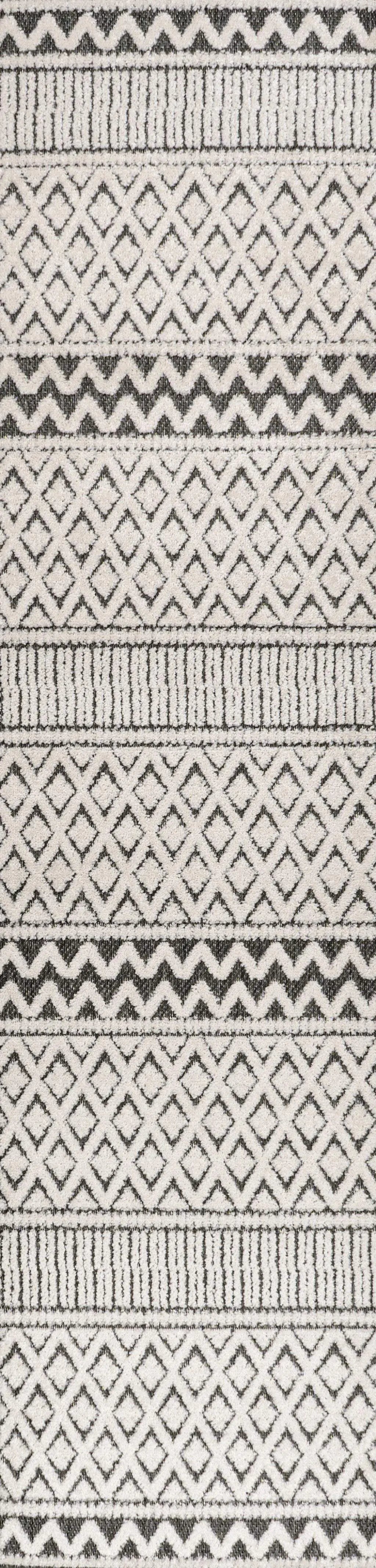 8' Cream And Black Trellis Indoor Outdoor Runner Rug - GreatEagleInc
