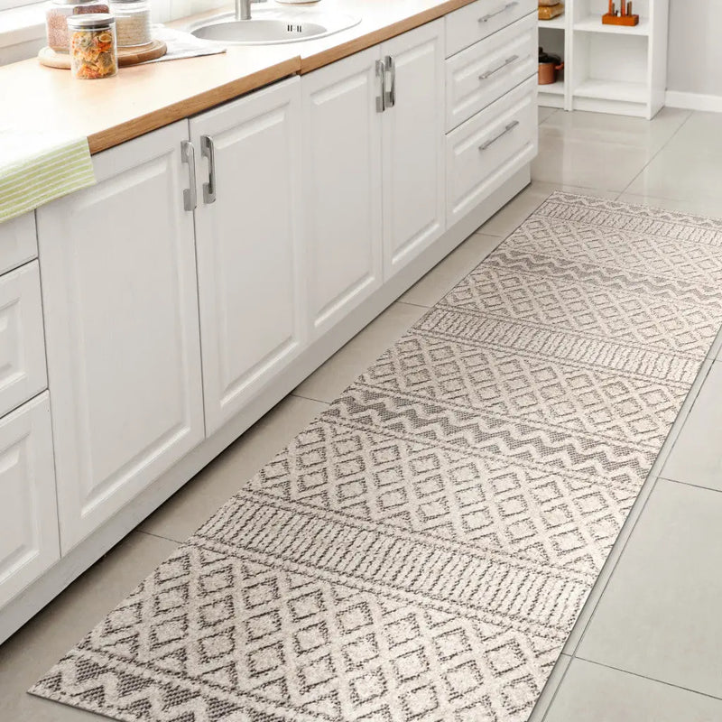 8' Cream And Gray Trellis Indoor Outdoor Runner Rug - GreatEagleInc