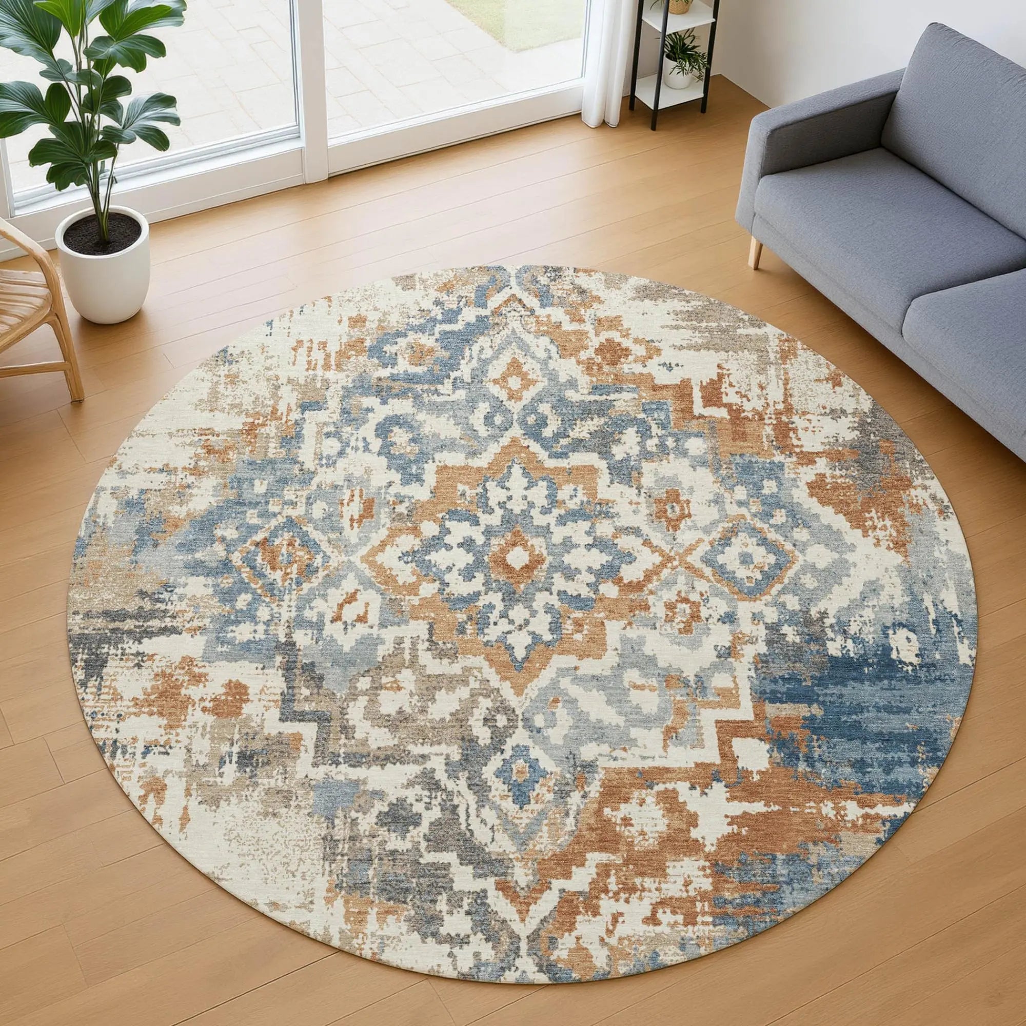 8' Cream And Ivory Round Medallion Washable Indoor Outdoor Area Rug Homeroots Outdoor