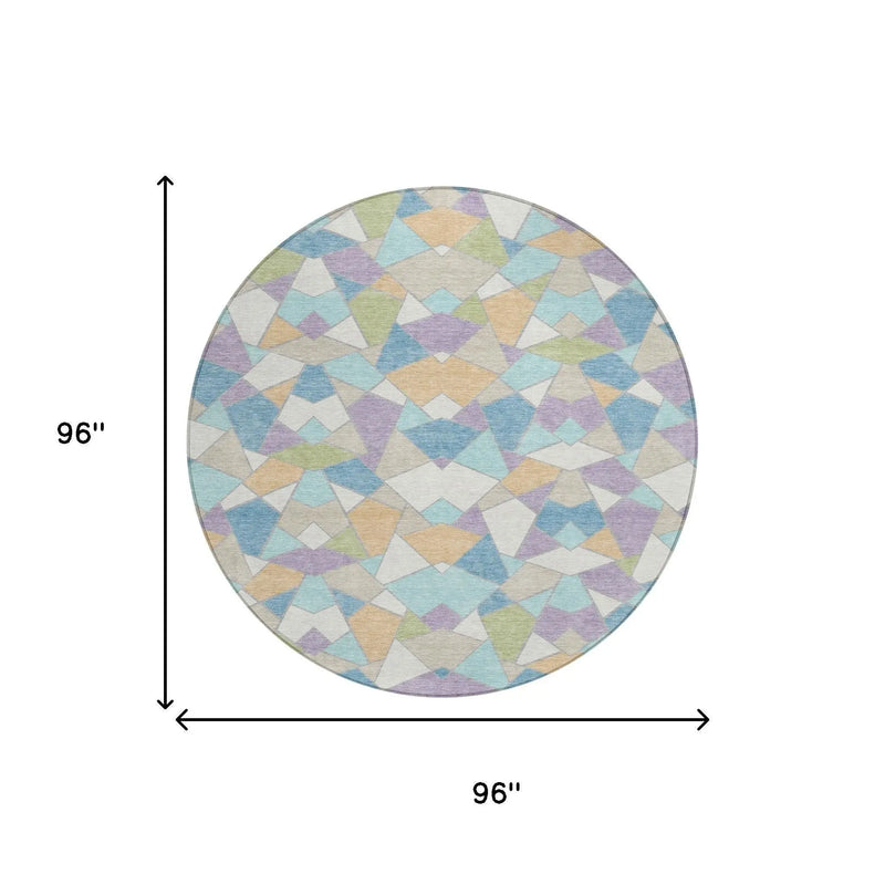 8' Cream And Teal Blue Round Geometric Washable Indoor Outdoor Area Rug Homeroots Outdoor