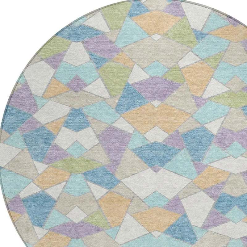 8' Cream And Teal Blue Round Geometric Washable Indoor Outdoor Area Rug Homeroots Outdoor