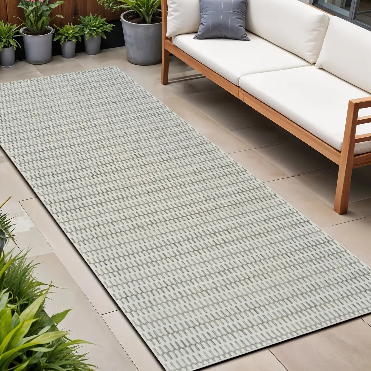 8' Cream and Beige Geometric Distressed Indoor Outdoor Runner Rug Homeroots Outdoor