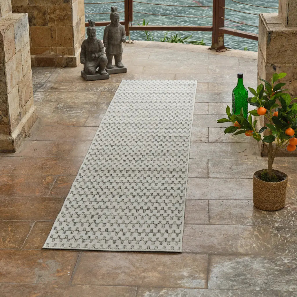 8' Cream and Beige Geometric Distressed Indoor Outdoor Runner Rug Homeroots Outdoor