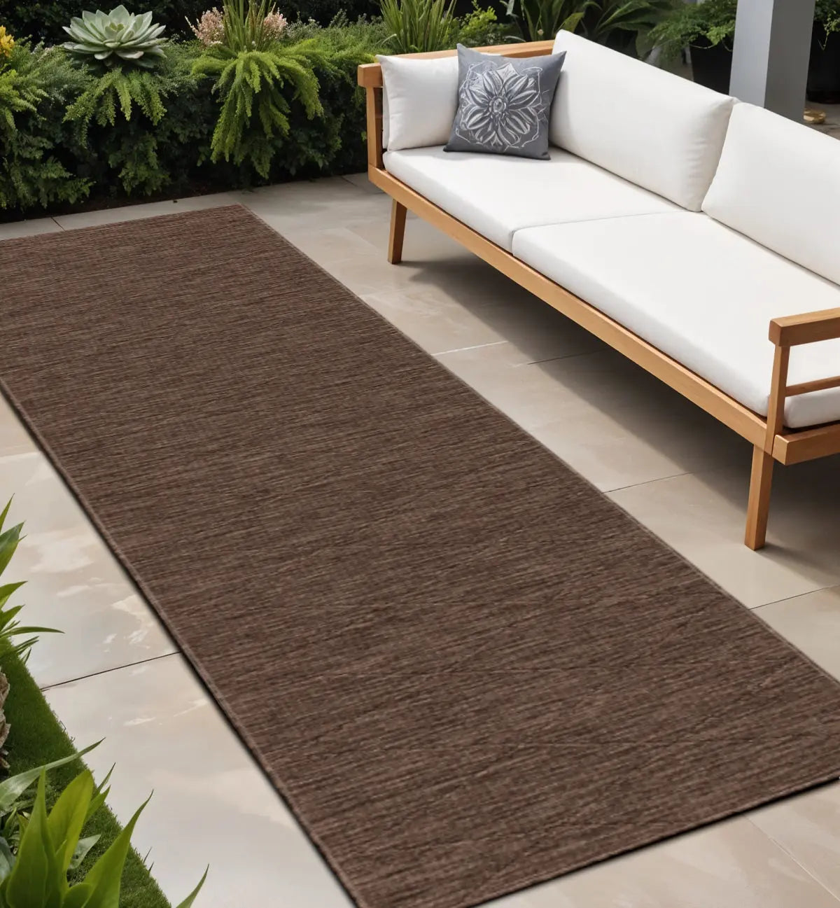 8' Dark Brown And Brown Geometric Indoor Outdoor Runner Rug Homeroots Outdoor