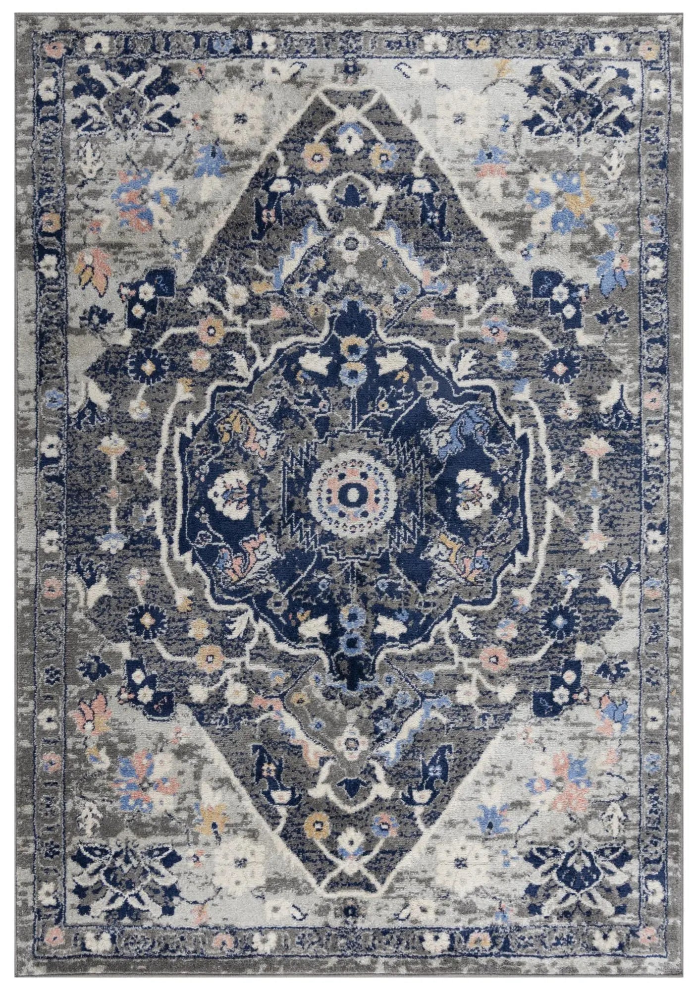 8' Dark Gray Blue Yellow Pink Ivory And Light Gray Medallion Area Rug Homeroots Home Decor