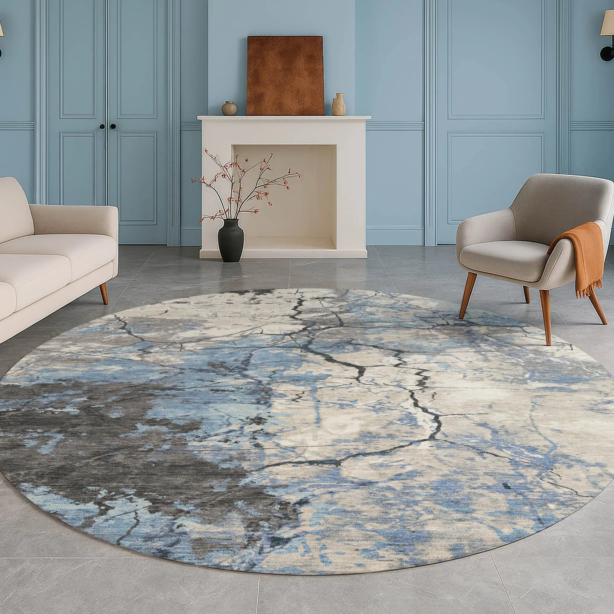 8' Denim Blue And Blue Round Abstract Washable Indoor Outdoor Area Rug Homeroots Outdoor