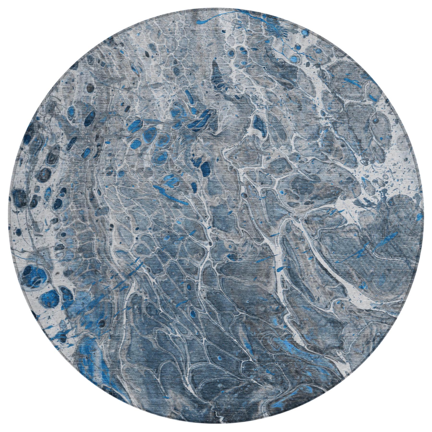 8' Denim Blue And Blue Round Abstract Washable Indoor Outdoor Area Rug Homeroots Outdoor