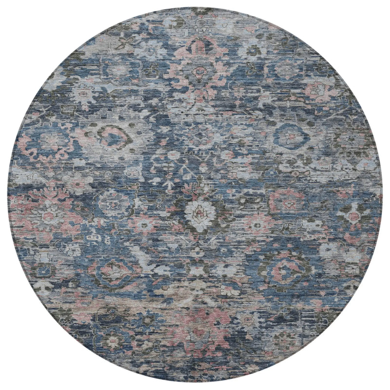 8' Denim Blue And Blue Round Floral Washable Indoor Outdoor Area Rug Homeroots Outdoor