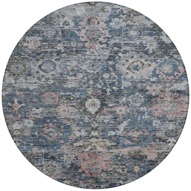 8' Denim Blue And Blue Round Floral Washable Indoor Outdoor Area Rug Homeroots Outdoor