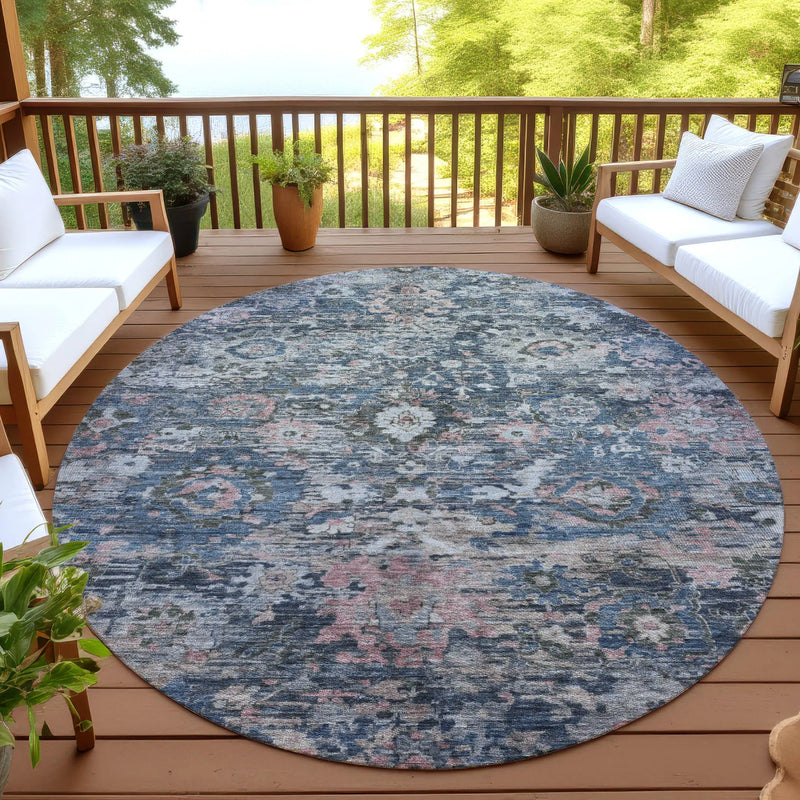 8' Denim Blue And Blue Round Floral Washable Indoor Outdoor Area Rug Homeroots Outdoor