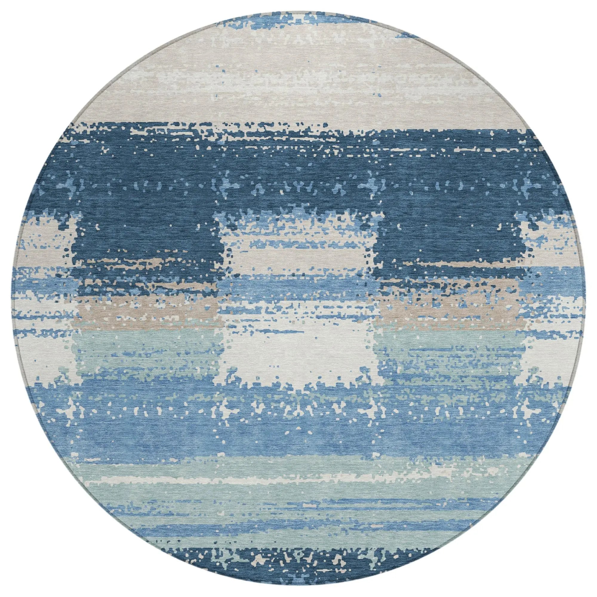 8' Denim Blue And Blue Round Geometric Washable Indoor Outdoor Area Rug Homeroots Outdoor