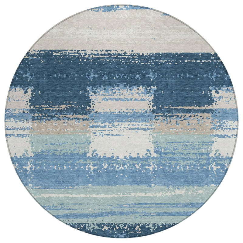 8' Denim Blue And Blue Round Geometric Washable Indoor Outdoor Area Rug Homeroots Outdoor