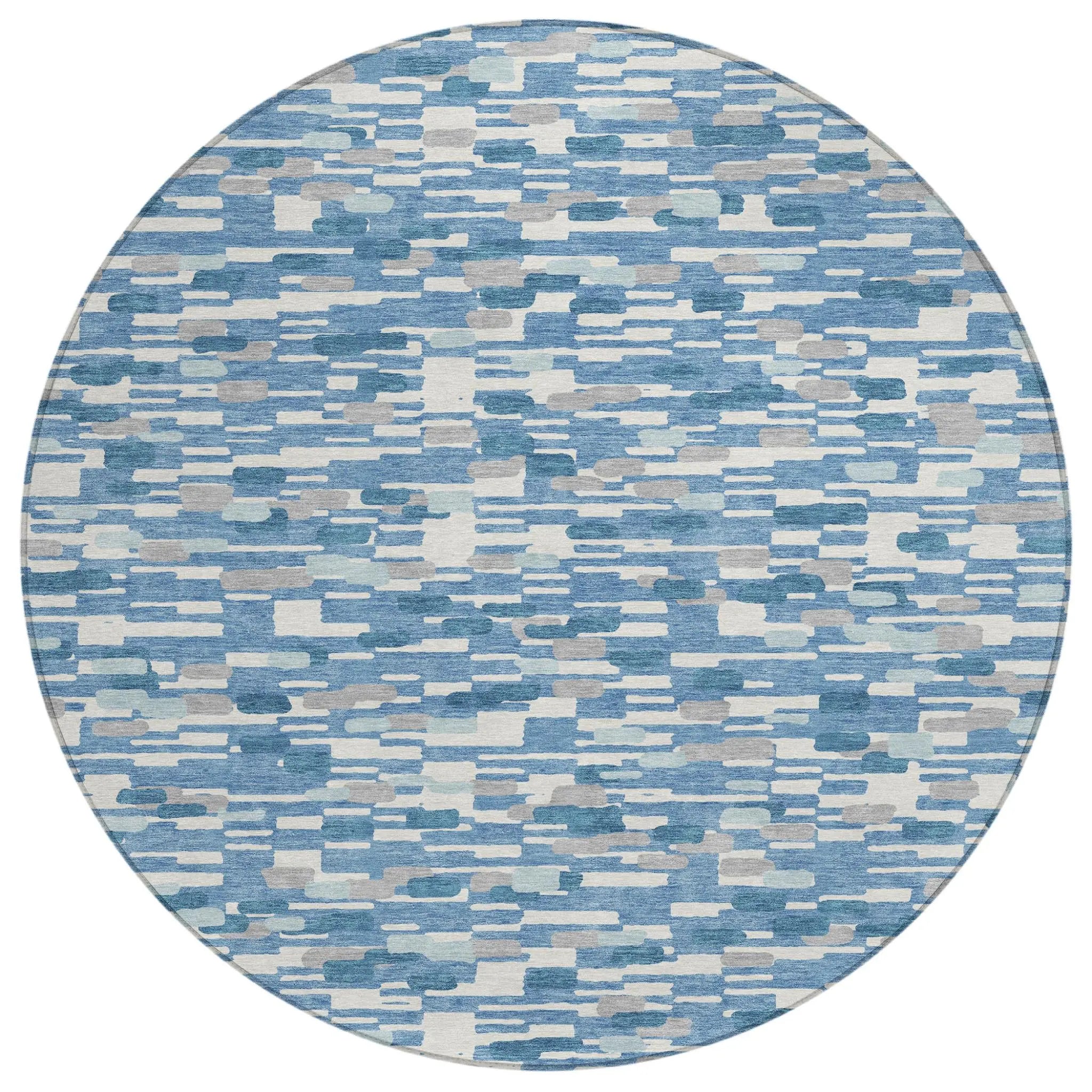 8' Denim Blue And Blue Round Geometric Washable Indoor Outdoor Area Rug Homeroots Outdoor