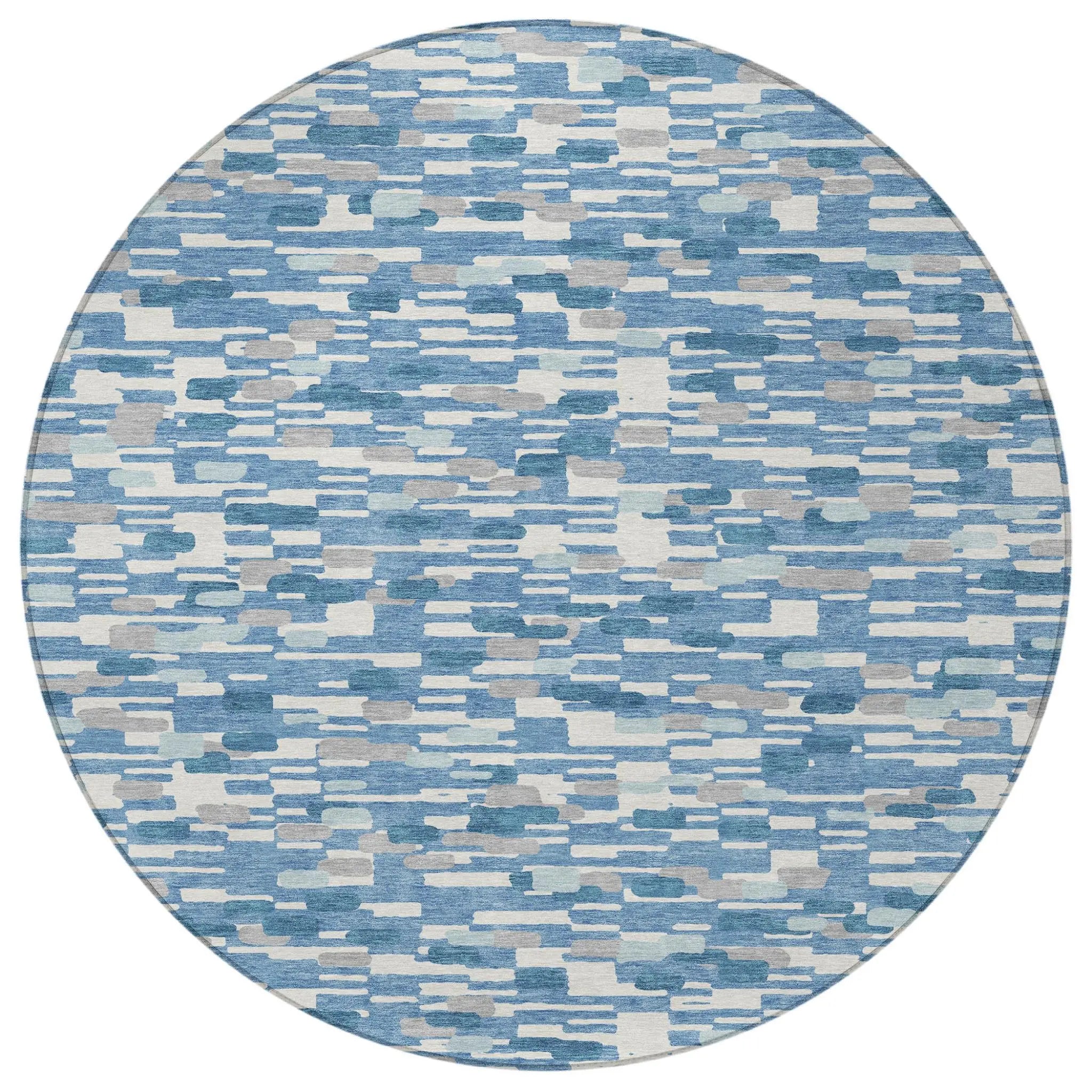 8' Denim Blue And Blue Round Geometric Washable Indoor Outdoor Area Rug Homeroots Outdoor