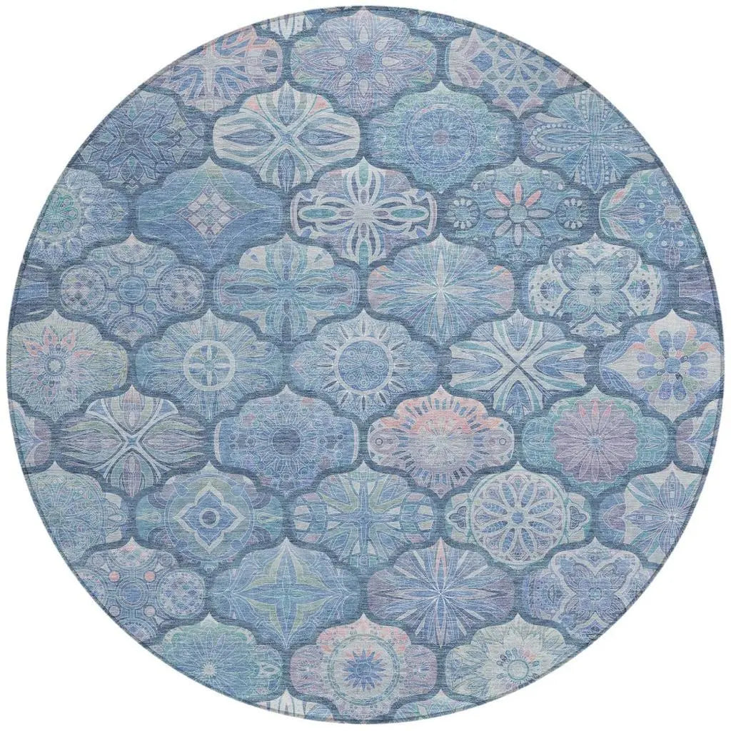 8' Denim Blue And Blue Round Ogee Washable Indoor Outdoor Area Rug Homeroots Outdoor