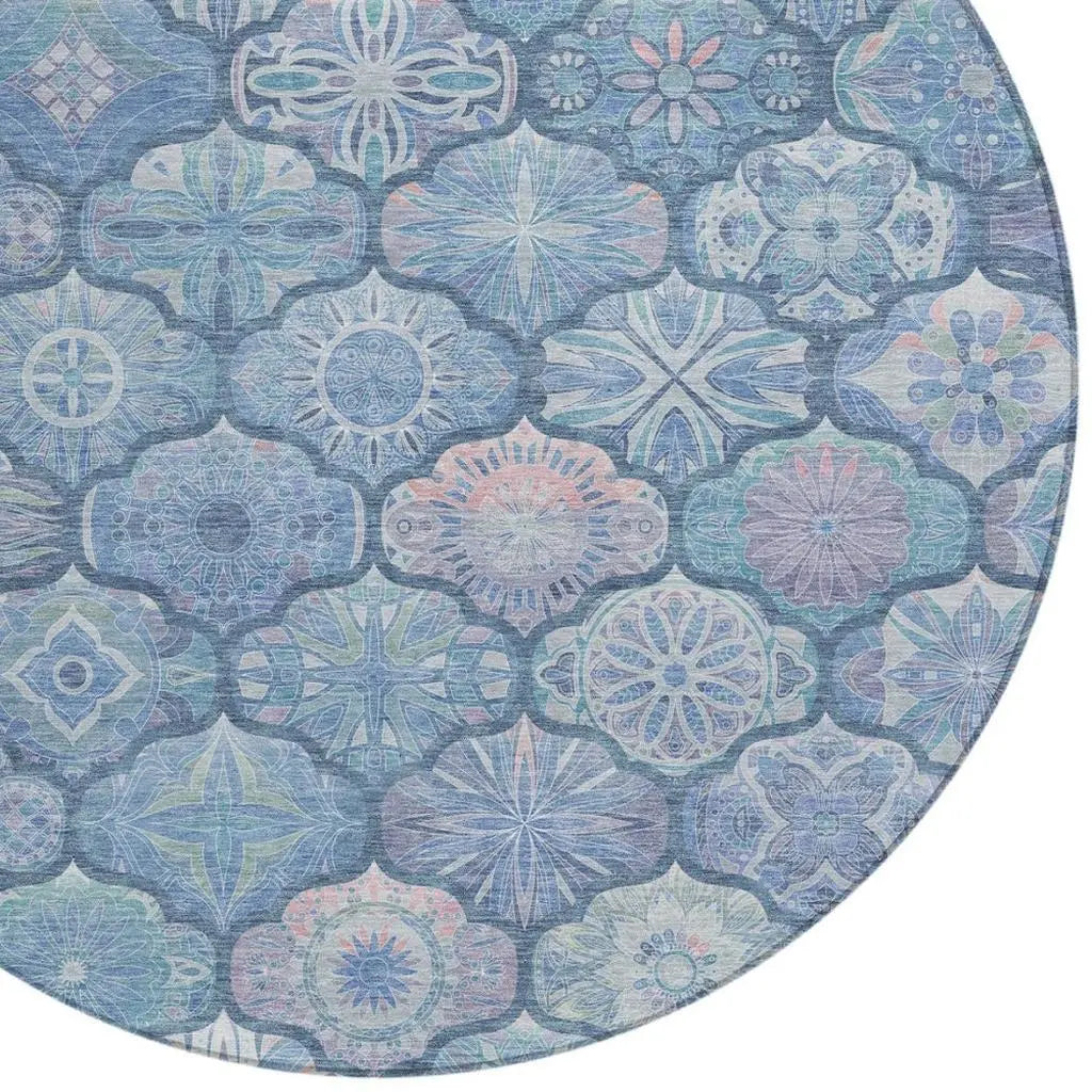 8' Denim Blue And Blue Round Ogee Washable Indoor Outdoor Area Rug Homeroots Outdoor