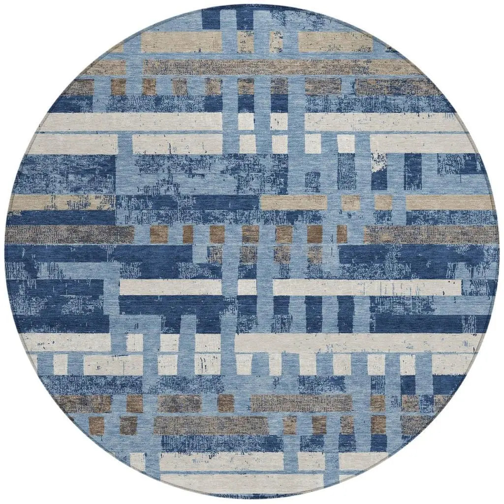 8' Denim Blue And Blue Round Striped Washable Indoor Outdoor Area Rug Homeroots Outdoor