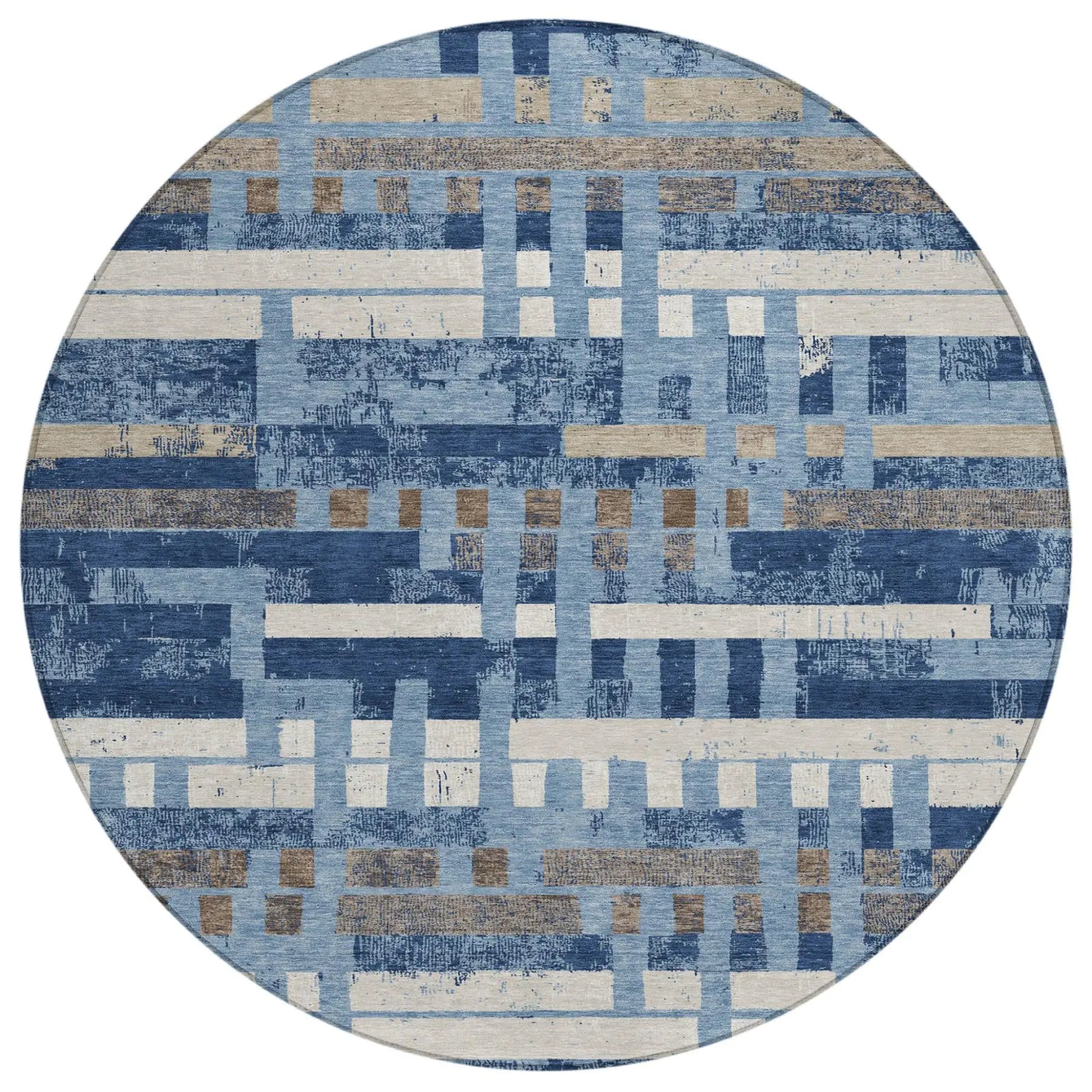 8' Denim Blue And Blue Round Striped Washable Indoor Outdoor Area Rug Homeroots Outdoor