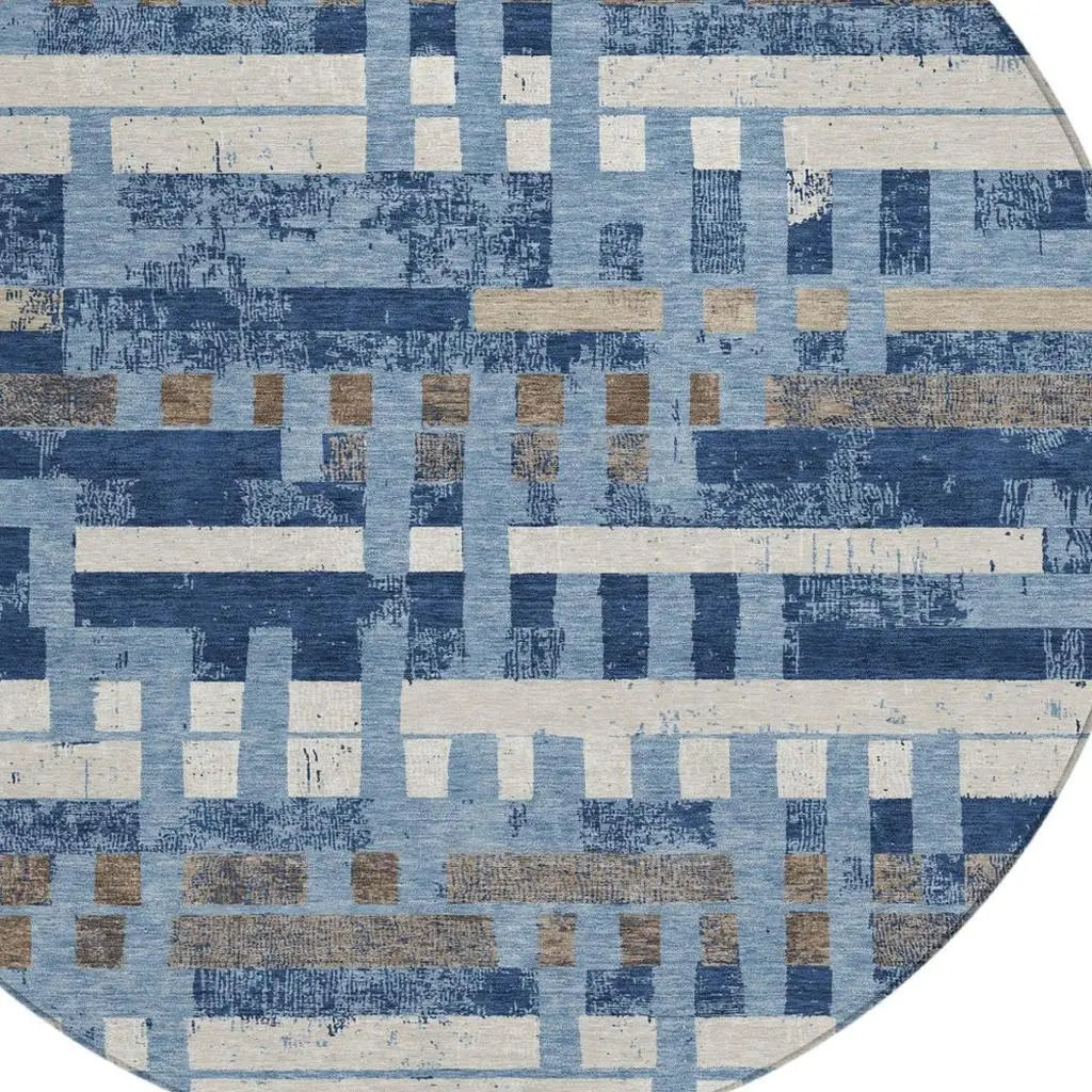 8' Denim Blue And Blue Round Striped Washable Indoor Outdoor Area Rug Homeroots Outdoor