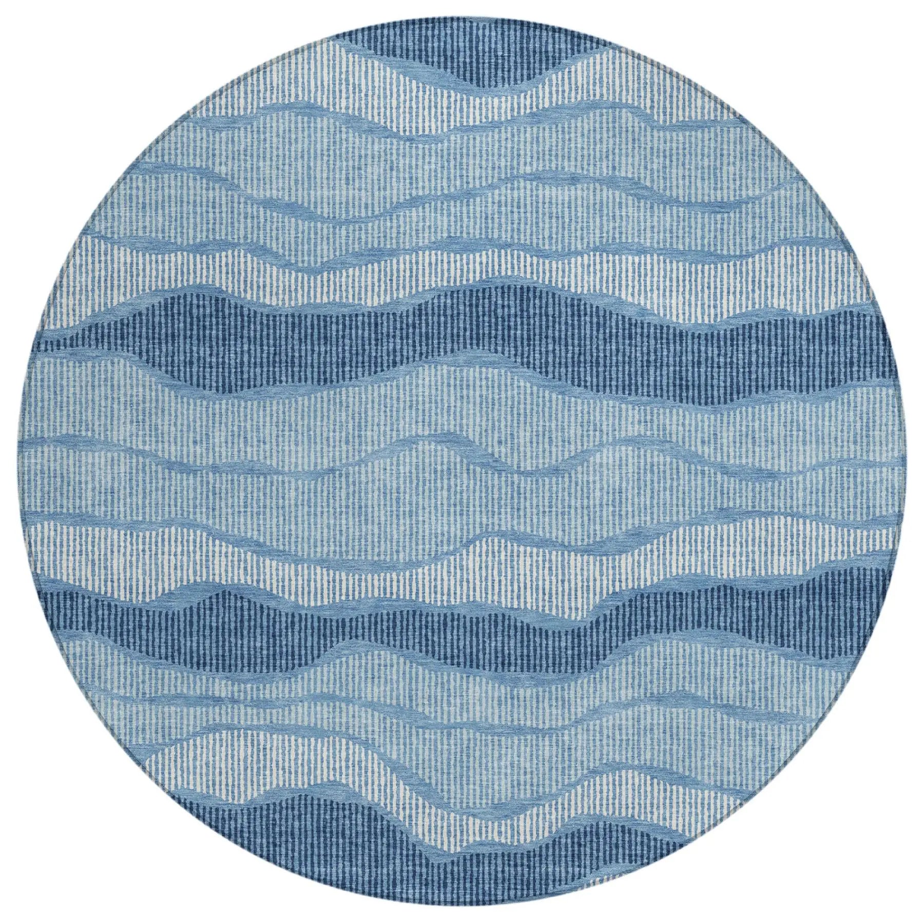 8' Denim Blue And Blue Round Striped Washable Indoor Outdoor Area Rug Homeroots Outdoor