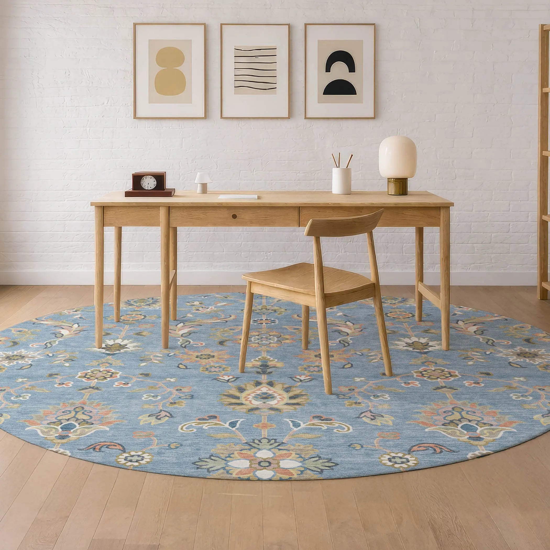 8' Denim Blue And Copper Round Abstract Washable Indoor Outdoor Area Rug Homeroots Outdoor
