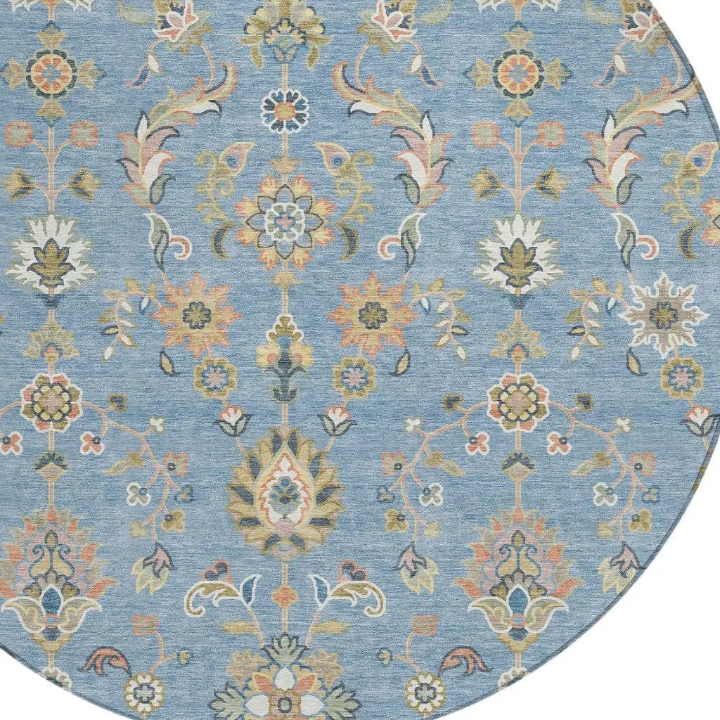 8' Denim Blue And Copper Round Abstract Washable Indoor Outdoor Area Rug Homeroots Outdoor