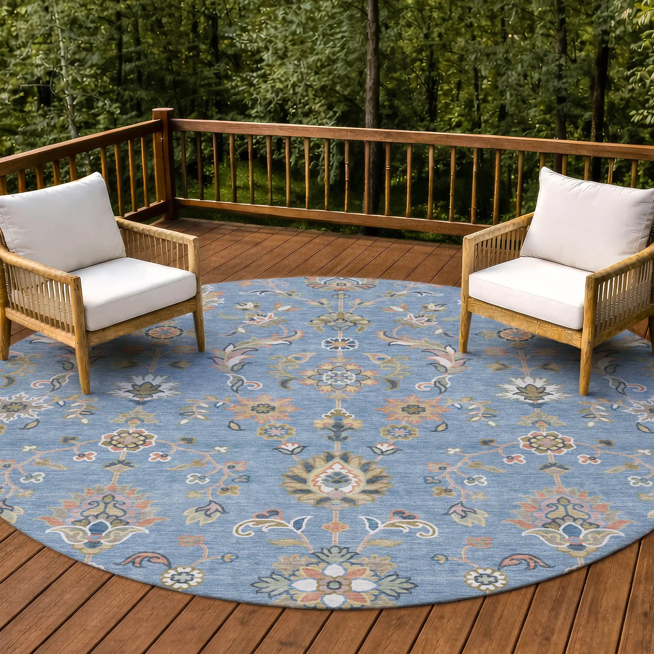 8' Denim Blue And Copper Round Abstract Washable Indoor Outdoor Area Rug Homeroots Outdoor