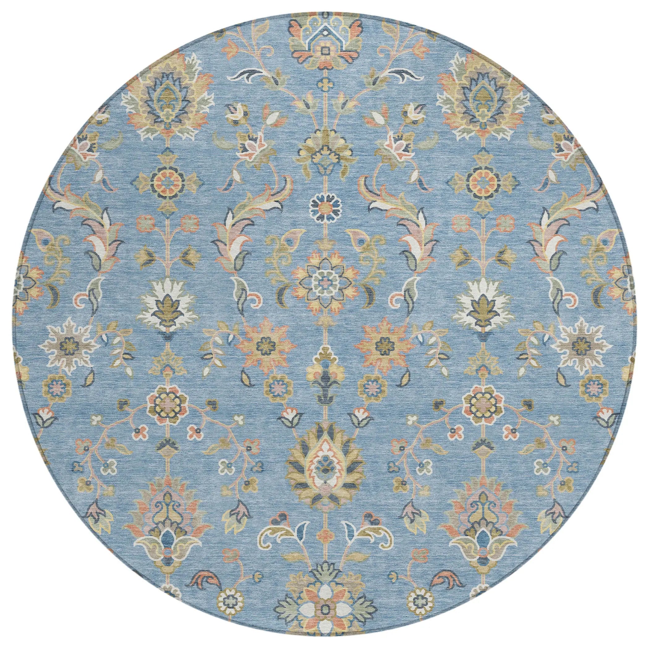 8' Denim Blue And Copper Round Abstract Washable Indoor Outdoor Area Rug Homeroots Outdoor