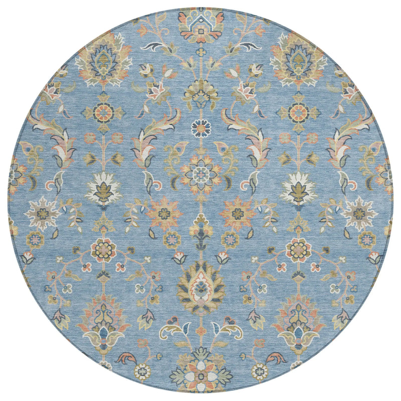 8' Denim Blue And Copper Round Abstract Washable Indoor Outdoor Area Rug Homeroots Outdoor