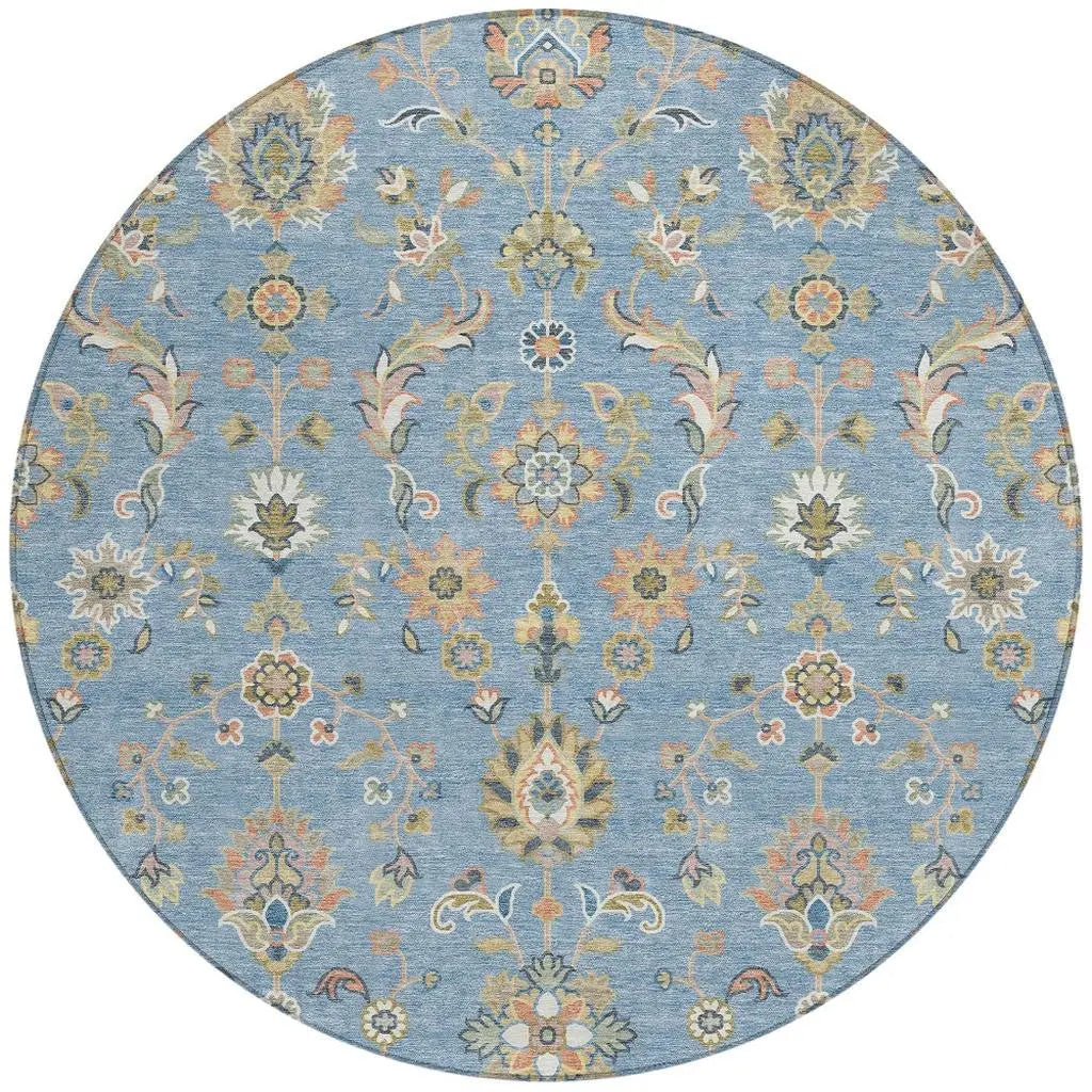 8' Denim Blue And Copper Round Abstract Washable Indoor Outdoor Area Rug Homeroots Outdoor