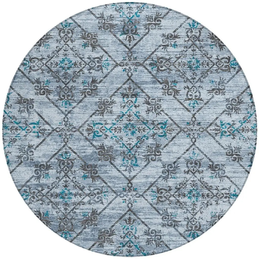 8' Denim Blue And Ivory Round Geometric Washable Indoor Outdoor Area Rug Homeroots Outdoor