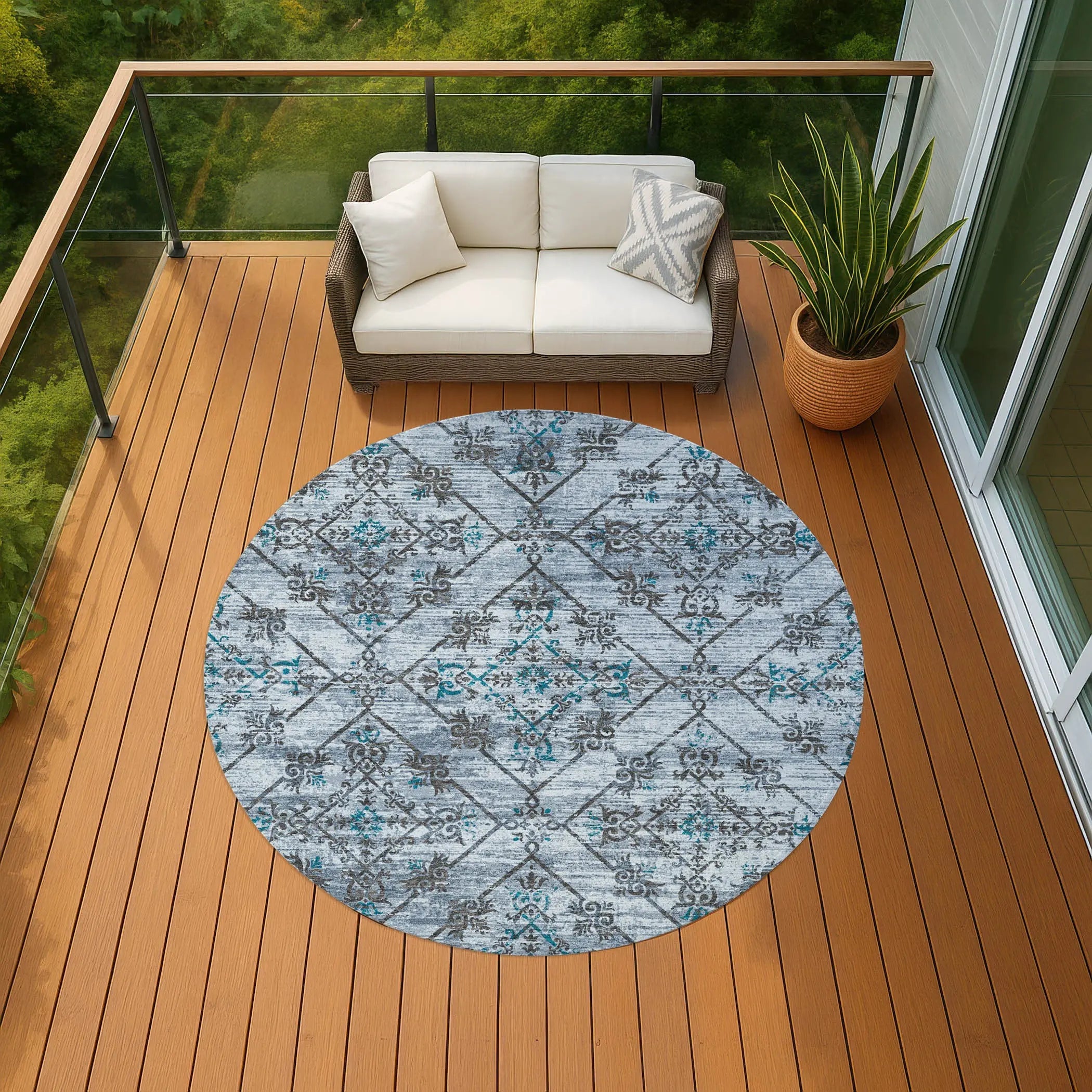 8' Denim Blue And Ivory Round Geometric Washable Indoor Outdoor Area Rug Homeroots Outdoor