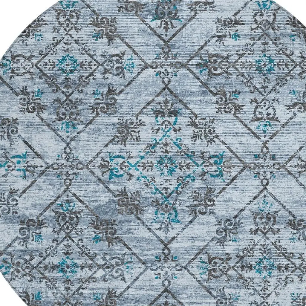 8' Denim Blue And Ivory Round Geometric Washable Indoor Outdoor Area Rug Homeroots Outdoor
