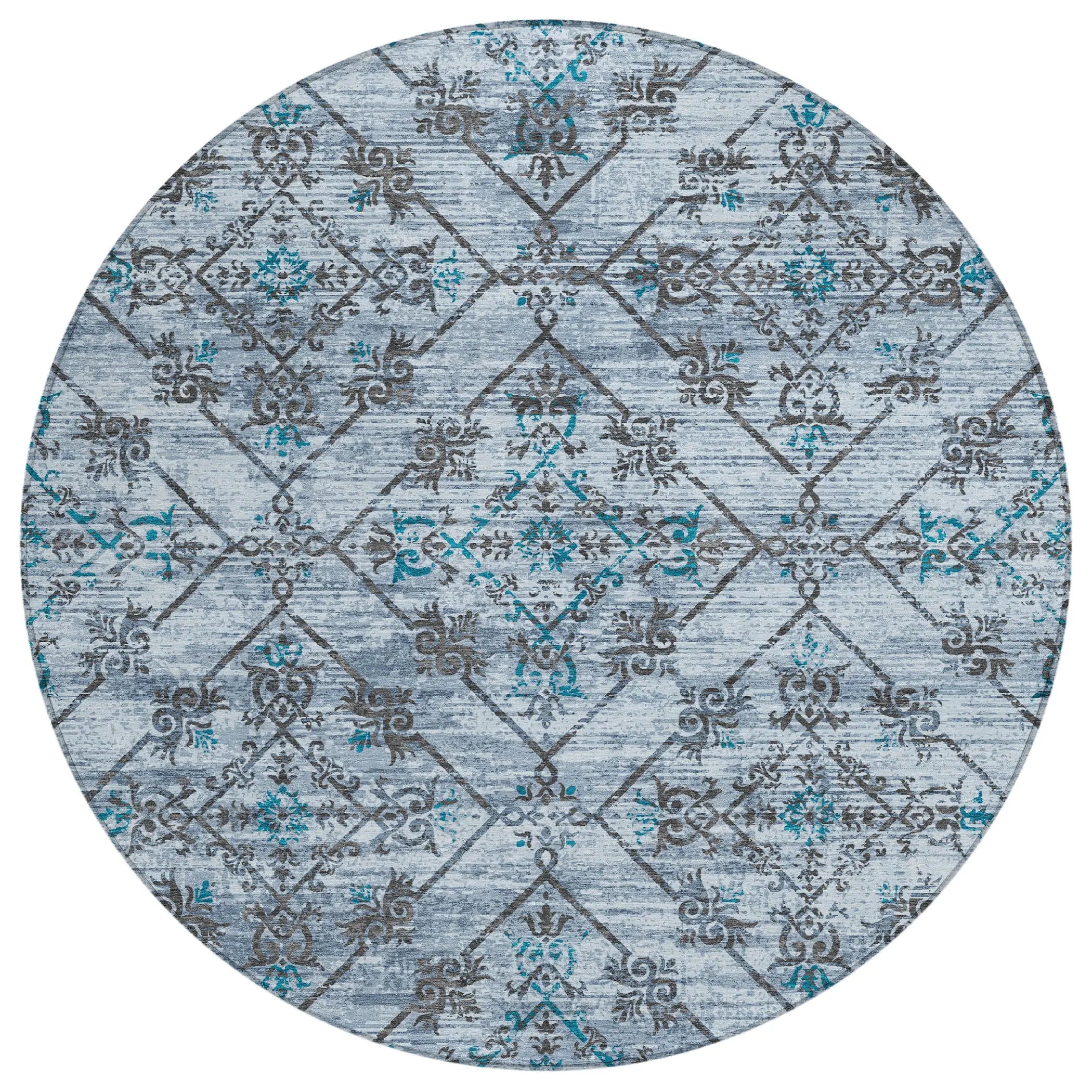 8' Denim Blue And Ivory Round Geometric Washable Indoor Outdoor Area Rug Homeroots Outdoor