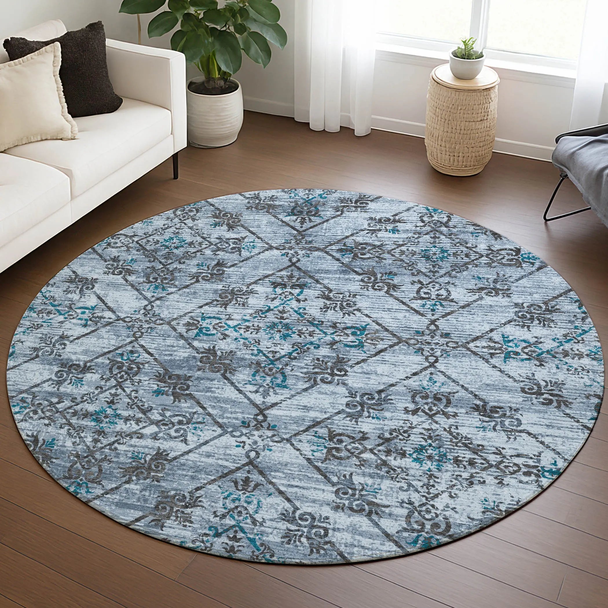 8' Denim Blue And Ivory Round Geometric Washable Indoor Outdoor Area Rug Homeroots Outdoor