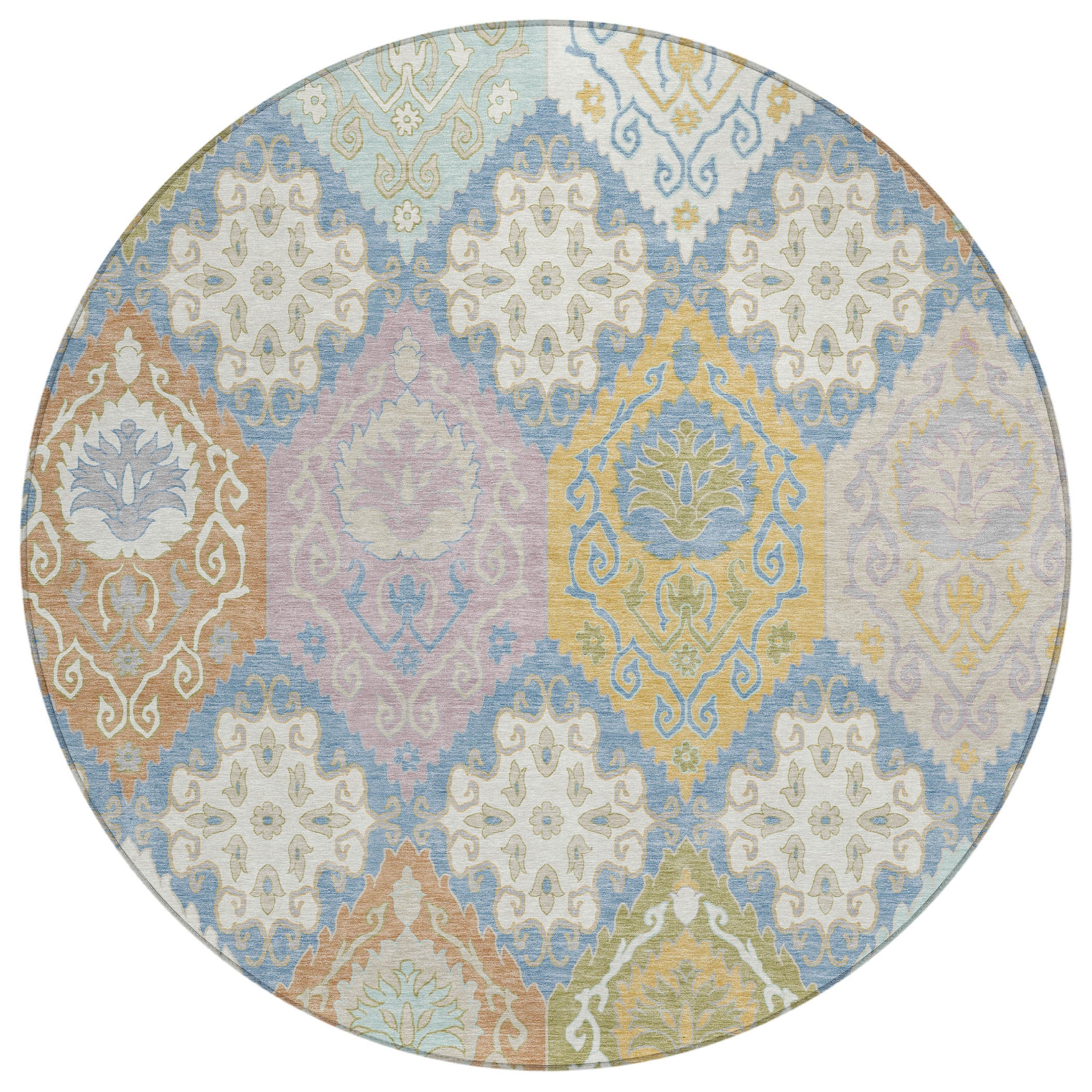 8' Denim Blue And Ivory Round Geometric Washable Indoor Outdoor Area Rug Homeroots Outdoor