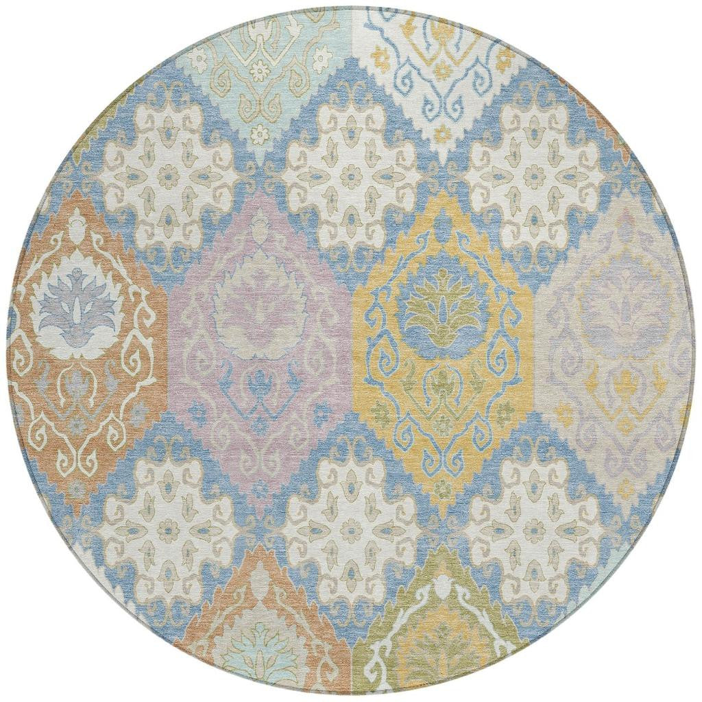 8' Denim Blue And Ivory Round Geometric Washable Indoor Outdoor Area Rug Homeroots Outdoor