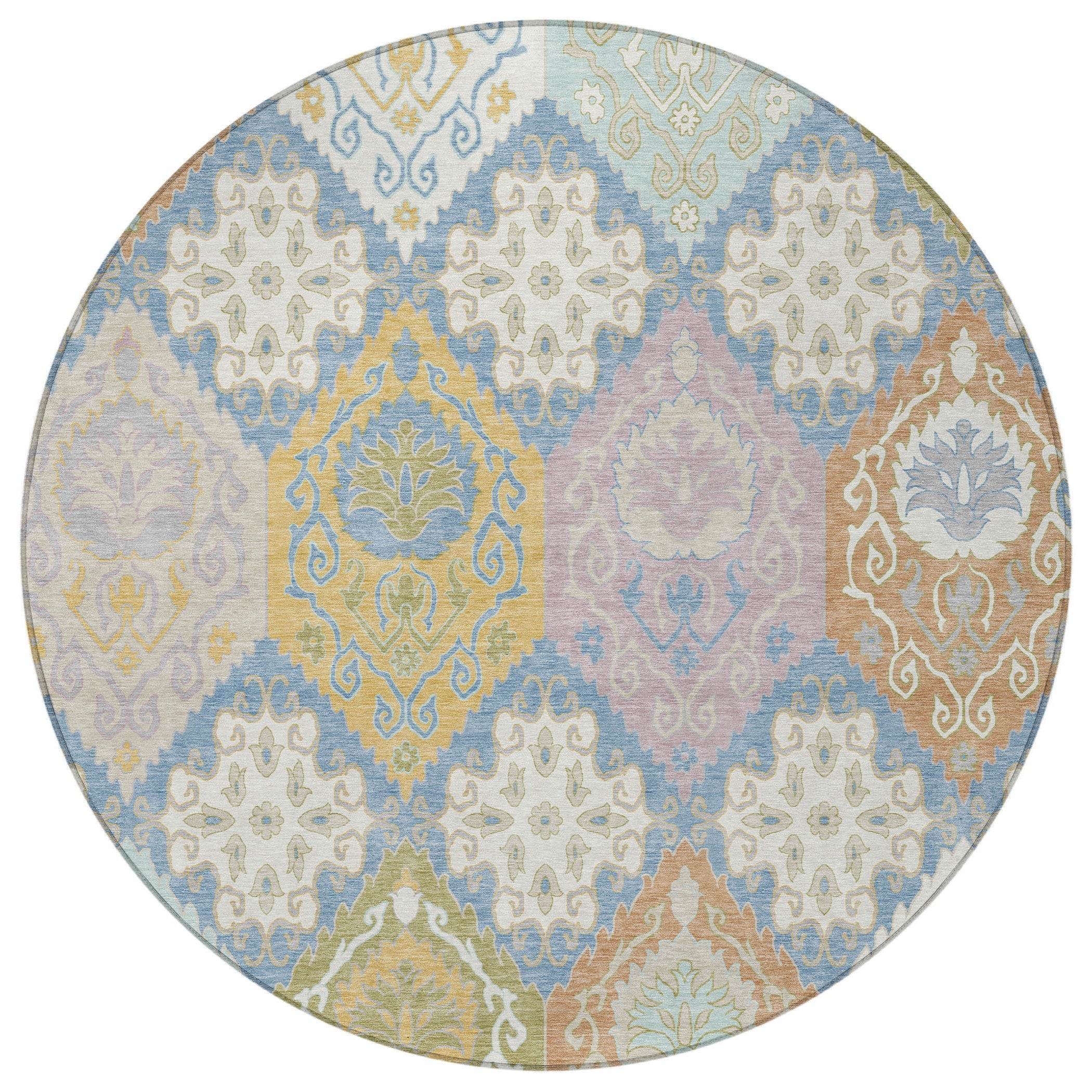 8' Denim Blue And Ivory Round Geometric Washable Indoor Outdoor Area Rug Homeroots Outdoor