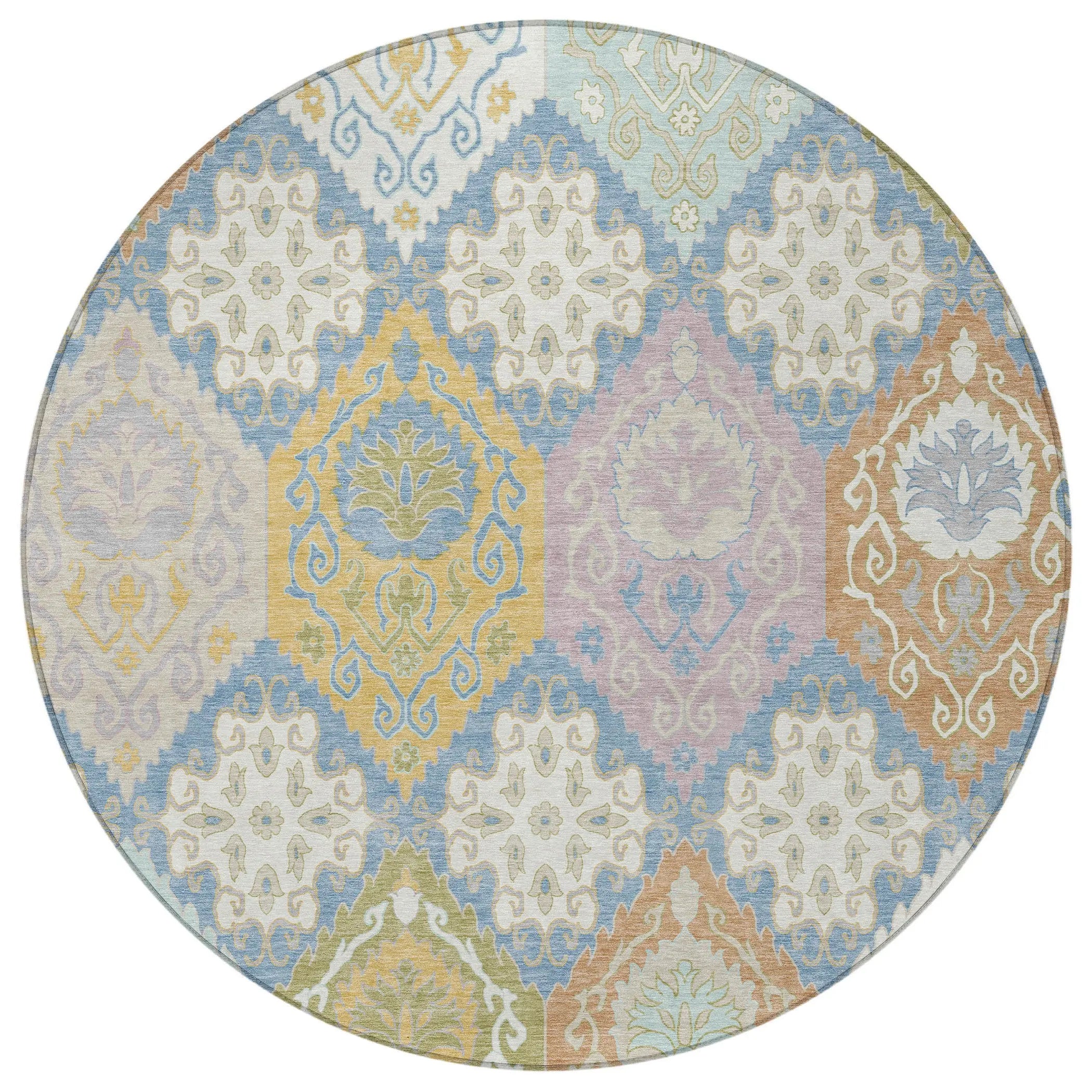 8' Denim Blue And Ivory Round Geometric Washable Indoor Outdoor Area Rug Homeroots Outdoor