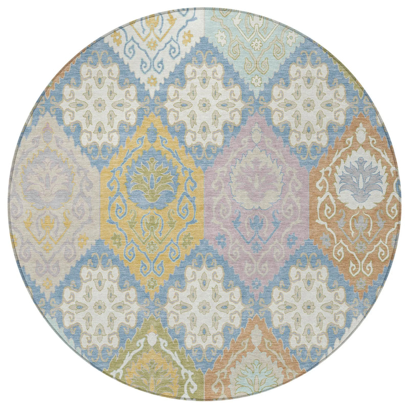 8' Denim Blue And Ivory Round Geometric Washable Indoor Outdoor Area Rug Homeroots Outdoor
