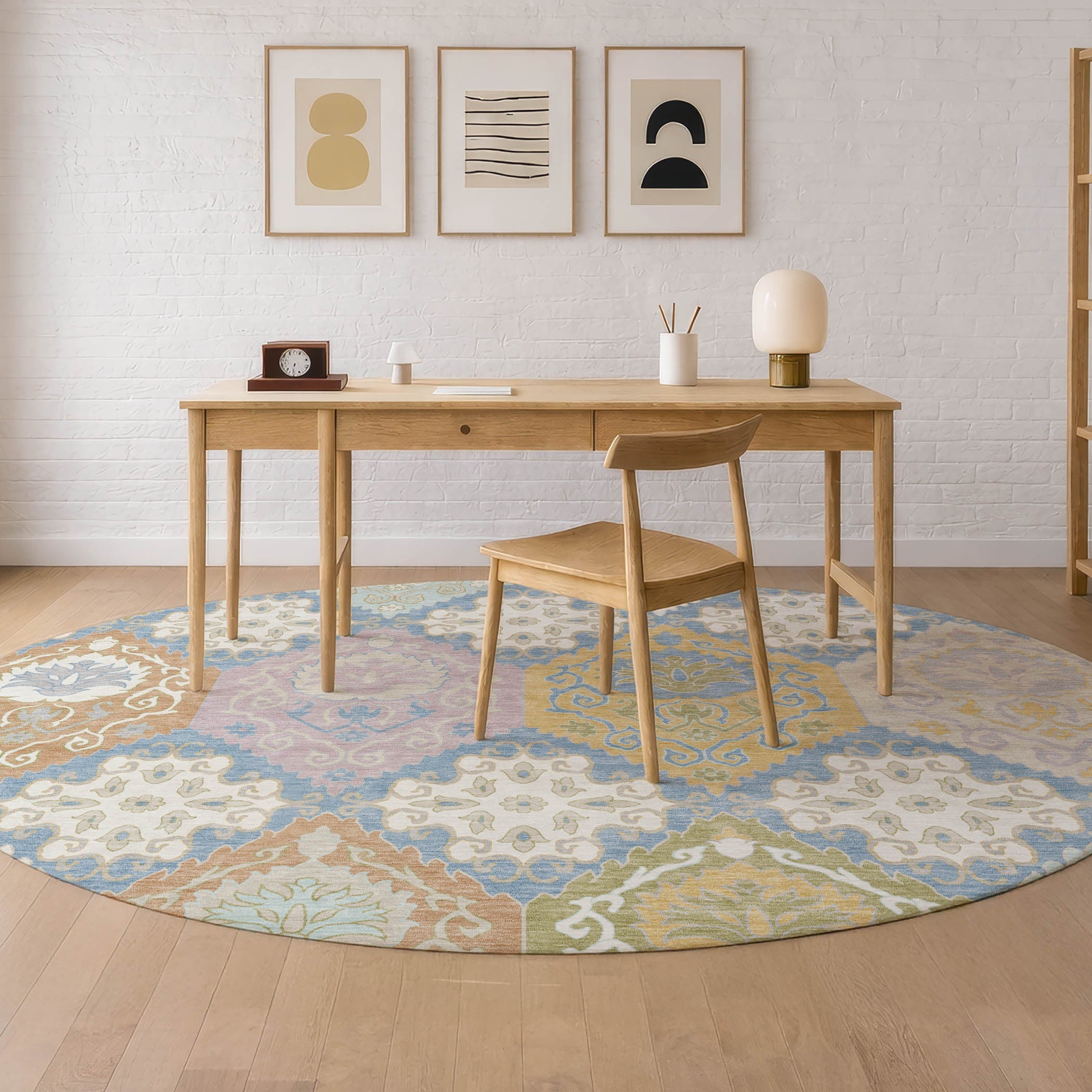 8' Denim Blue And Ivory Round Geometric Washable Indoor Outdoor Area Rug Homeroots Outdoor