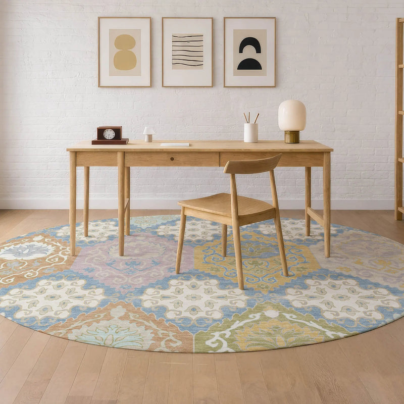 8' Denim Blue And Ivory Round Geometric Washable Indoor Outdoor Area Rug Homeroots Outdoor