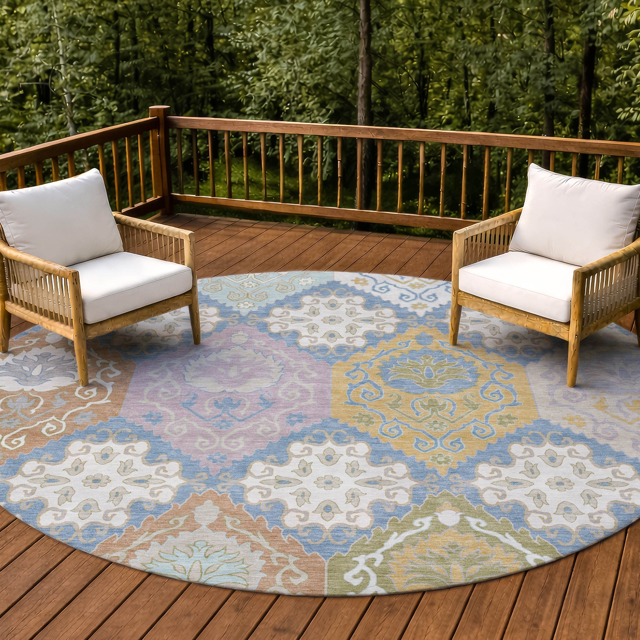 8' Denim Blue And Ivory Round Geometric Washable Indoor Outdoor Area Rug Homeroots Outdoor