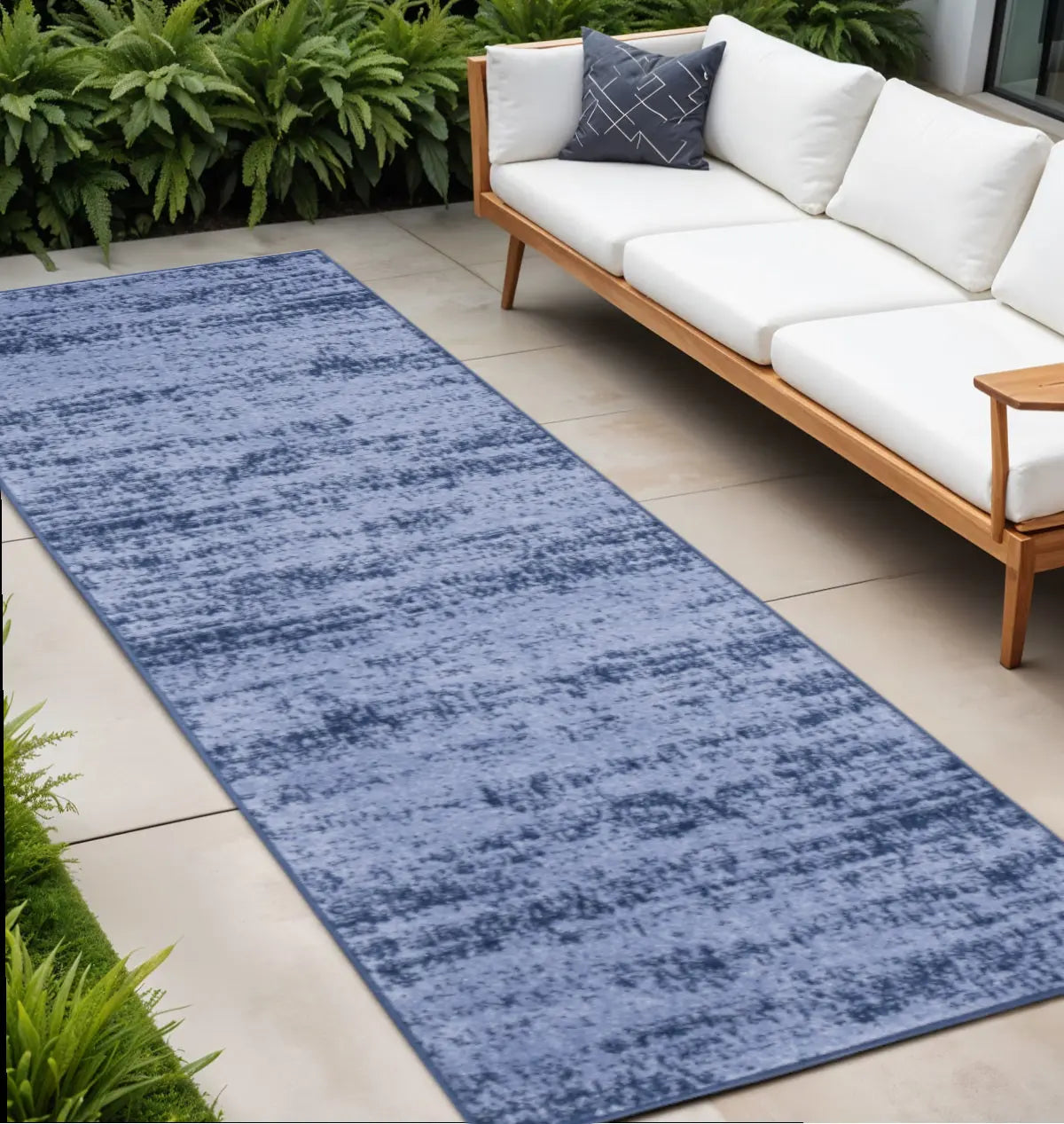 8' Denim Blue And Navy Blue Abstract Indoor Outdoor Runner Rug Homeroots Outdoor