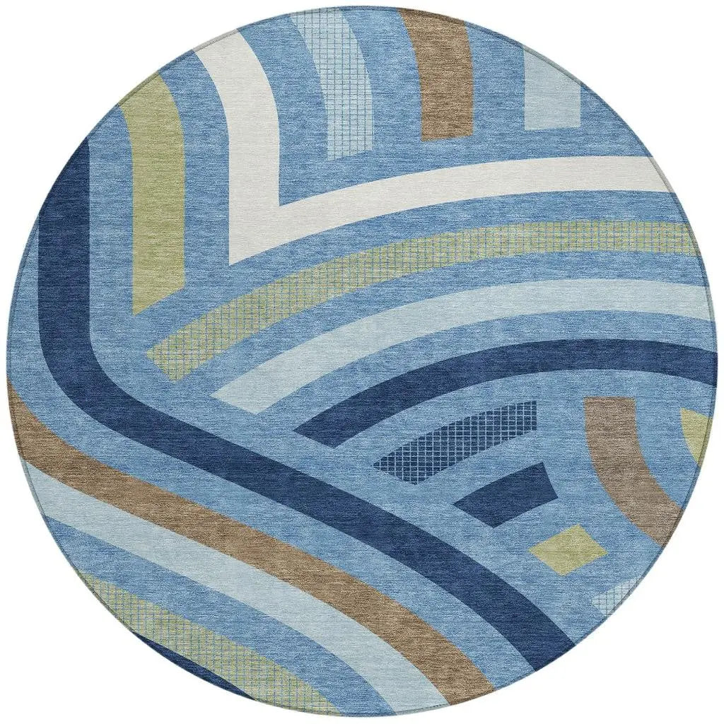 8' Denim Blue And Navy Blue Round Abstract Washable Indoor Outdoor Area Rug Homeroots Outdoor