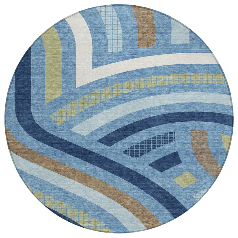 8' Denim Blue And Navy Blue Round Abstract Washable Indoor Outdoor Area Rug Homeroots Outdoor