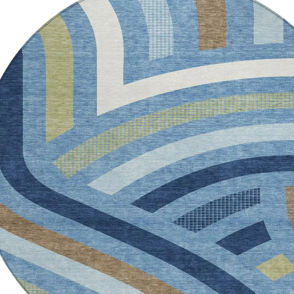 8' Denim Blue And Navy Blue Round Abstract Washable Indoor Outdoor Area Rug Homeroots Outdoor