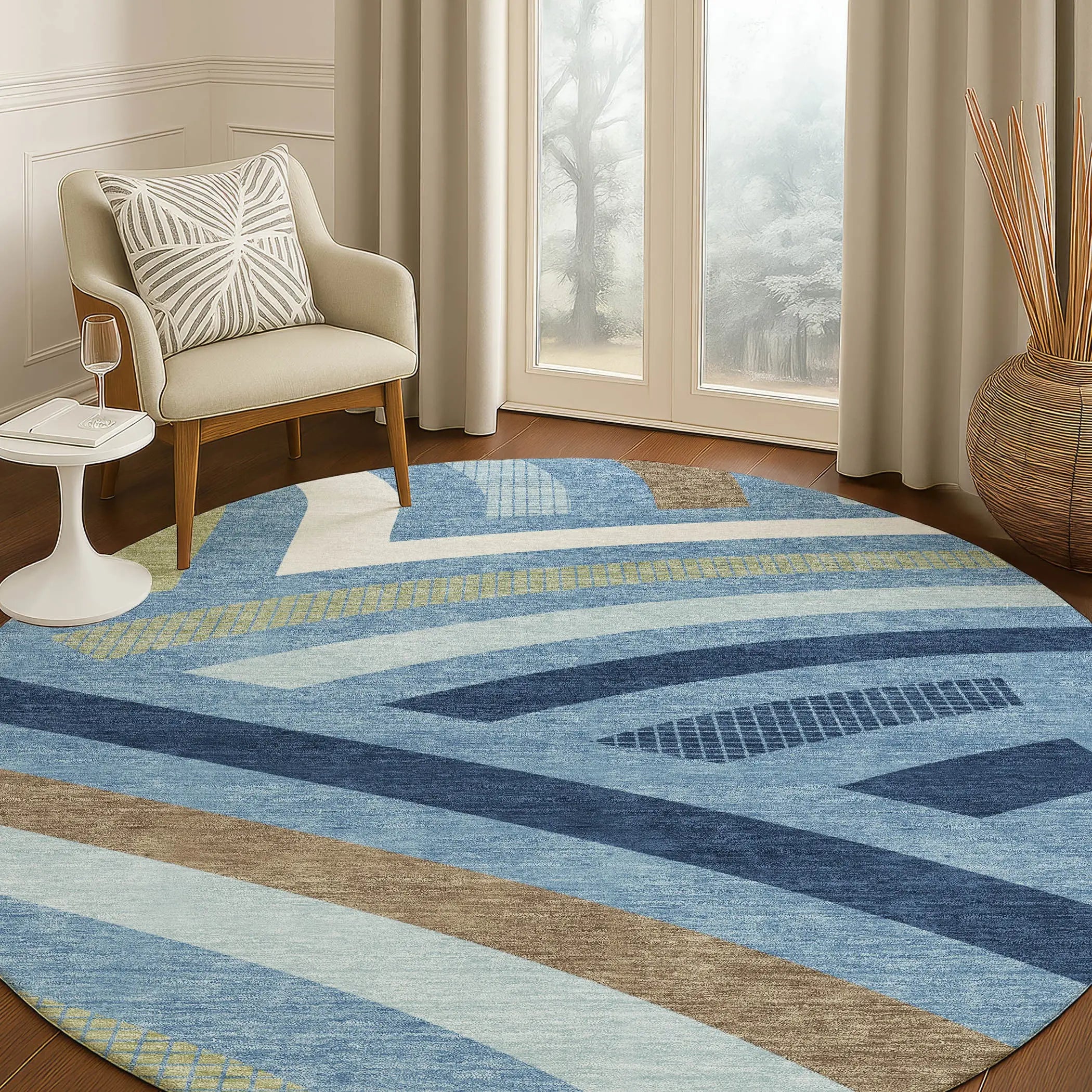 8' Denim Blue And Navy Blue Round Abstract Washable Indoor Outdoor Area Rug Homeroots Outdoor