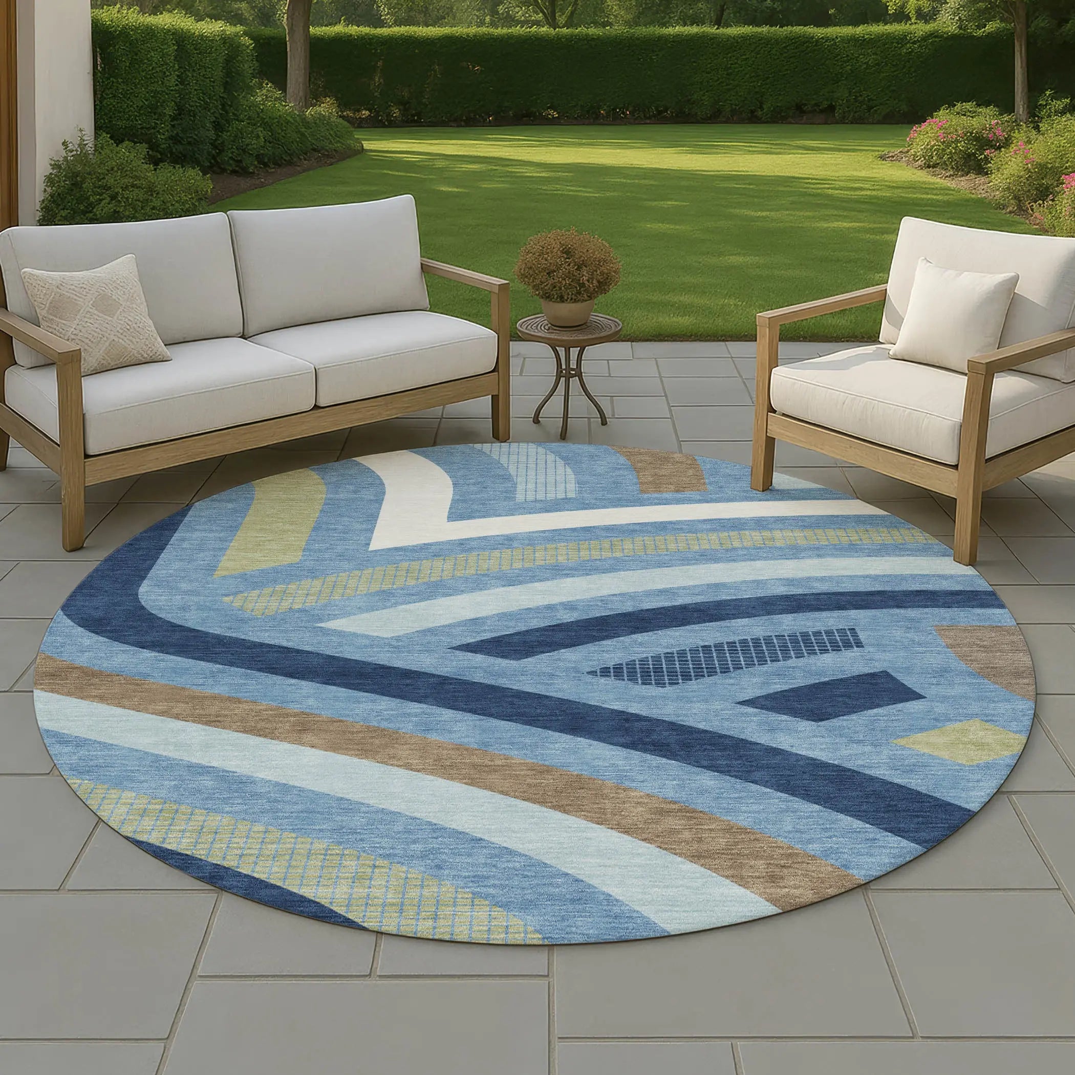 8' Denim Blue And Navy Blue Round Abstract Washable Indoor Outdoor Area Rug Homeroots Outdoor